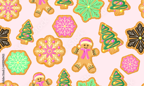 Christmas gingerbread seamless pattern. Figures decorated with cream and glaze. Christmas tree. Vector