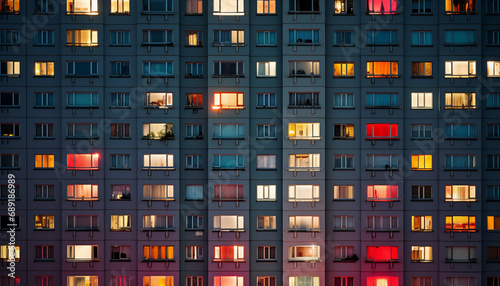 apartment panel building with lights in windows by night.generative ai