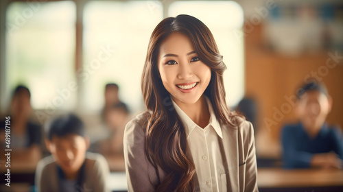 Beautiful young Asian female professor, smiling and looking at the camera. Standing in a classroom, students sitting at tables, listening to a woman teacher teaching the lesson