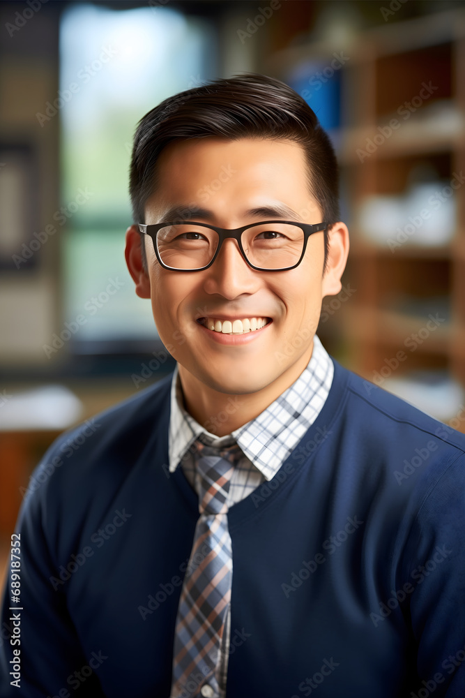 A handsome Asian male professor in his 30s, smiling, looking at the camera. Standing in a classroom, wearing glasses, and shirt with a tie. Happy intelligent man teacher A handsome Asian male professor in his 30s, smiling, looking at the camera. Standing in a classroom, wearing glasses, and shirt with a tie. Happy intelligent man teacher