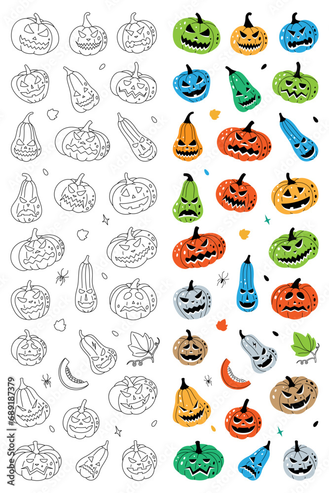 Autumn halloween pumpkins scary faces. Pumpkins with scary faces vertical banner. Autumn halloween vegetables. Vector illustration.