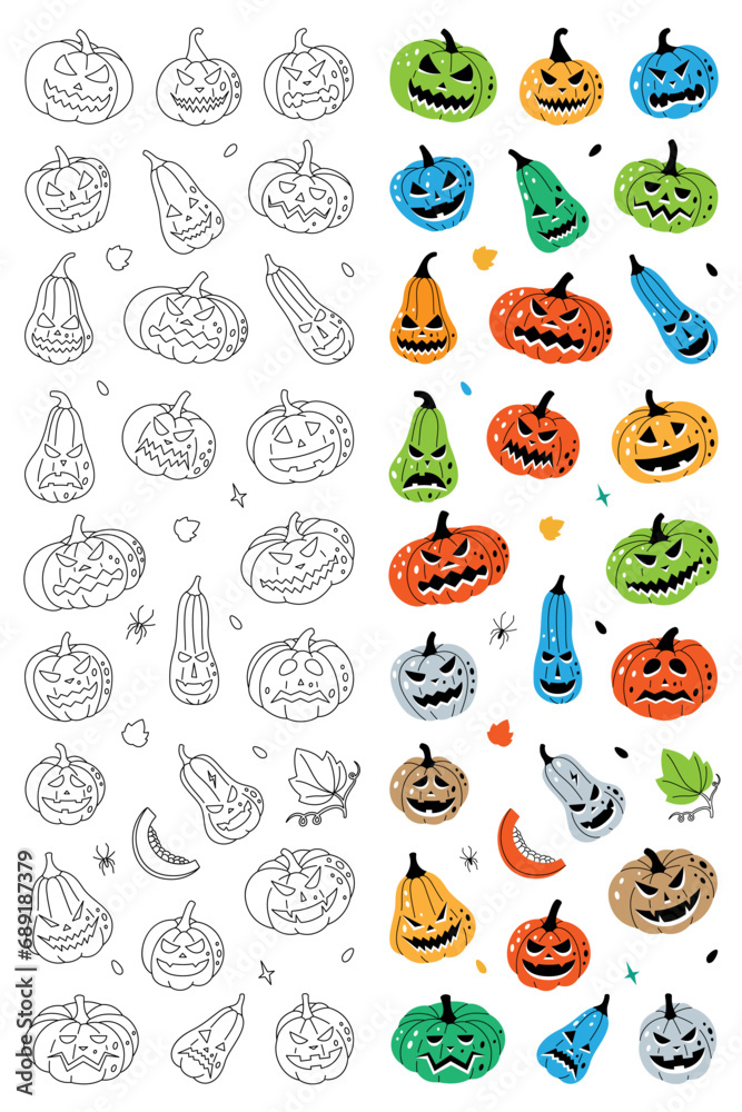 Autumn halloween pumpkins scary faces. Pumpkins with scary faces vertical banner. Autumn halloween vegetables. Vector illustration. Autumn halloween pumpkins scary faces. Pumpkins with scary faces vertical banner. Autumn halloween vegetables. Vector illustration.