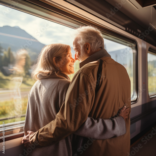  Back side view, Close up at elder couple's hand embrace around their waist and hug during travel by train and landscape scenery through train's window.