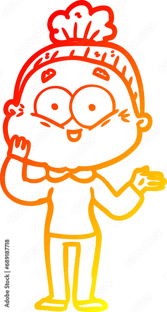 warm gradient line drawing of a cartoon happy old woman