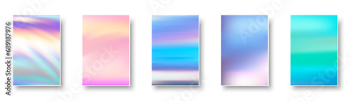 Set of colorful hologram paper card. Abstract holographic wavy gradient mesh color backgrounds. © Vjom