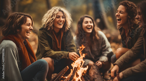 Group of young female friends sitting around the campfire  beautiful girls camping in the wilderness  laughing and having a good time in the forest nature. Youthful people in summer adventure