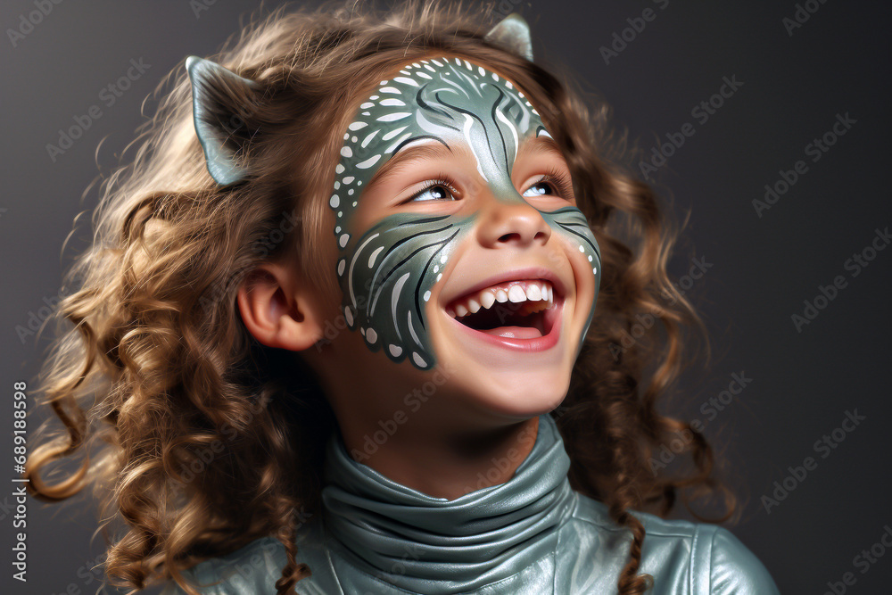 Portrait of a smiling little girl with painted face mask on grey background