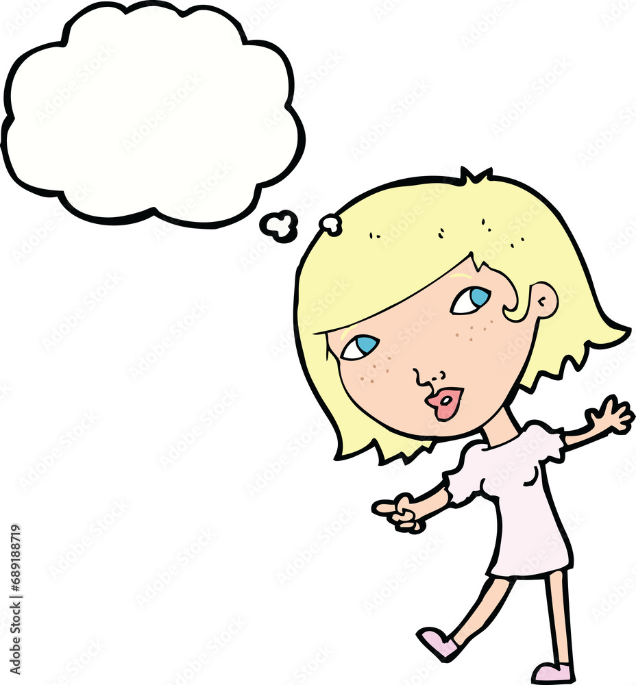 cartoon happy girl gesturing to follow with thought bubble cartoon happy girl gesturing to follow with thought bubble