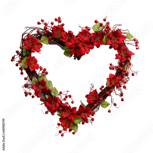 Red heart shape wreath isolated on transparent background for valentines day, Generative ai