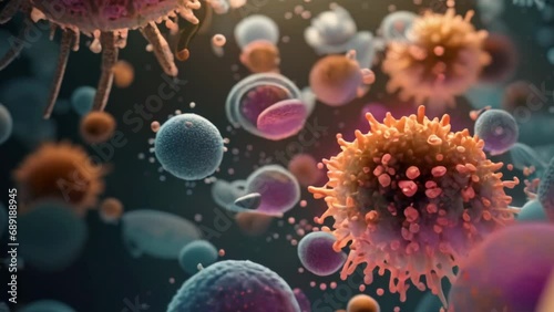 Microbiome intestine factories microbiota. Gut health. Many microbes under a microscope close up. Realistic molecular cells and bacterium colony. Macro medicine microbes. Bacterial immune. Dirty hand.