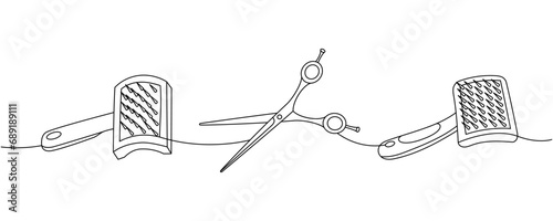 Animal supplies collection. Pet brush, fur remover, scissors for pets grooming continuous one line illustration. Vector linear illustration.