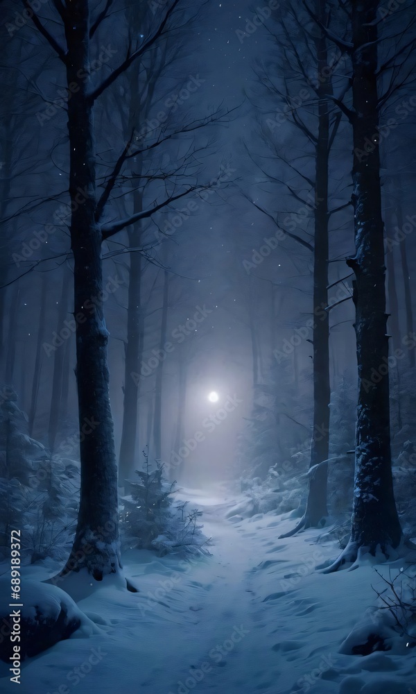 Fototapeta premium Mystical Night In A Dark Winter Forest.