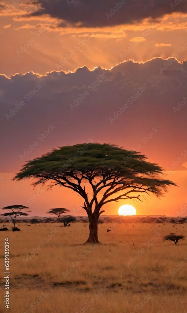 Sunset On African Plains With Acacia Tree. Sunset On African Plains With Acacia Tree.