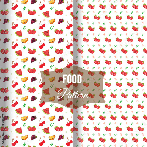 Fruit pattern background, Fresh fruits wallpaper with strawberry, orange, grapes, cherry, watermelon, vector illustration.