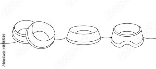 Pet supply assortment. Pet bowl, dog bowl continuous one line illustration. Vector linear illustration.