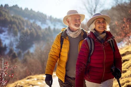Best agers couple enjoying a spring walk, mountains trees. Senior couple walking with hat. Happiness of being outdoors and having mobility. Smiling faces. photo