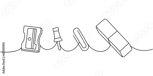 Set of school supplies. Back to school one line continuous drawing. Pencil sharpener, push pins, thumbtack, paper clip, rubber eraser.