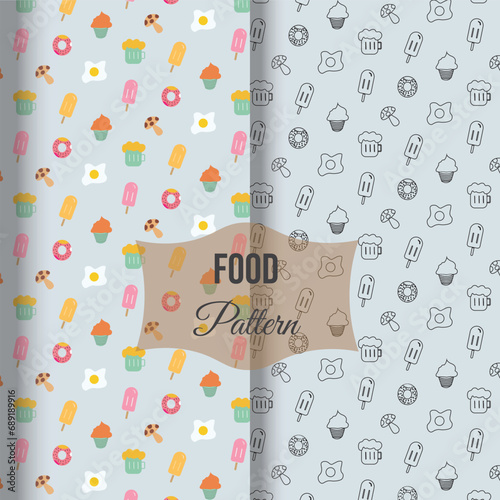 Fruit background or pattern design with ice cream, kake, mushroom, vector illustration.