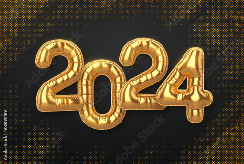 Happy New Year 2024. Golden balloon numbers 2024 on shimmering background. High detailed 3D realistic gold foil helium balloons. Bursting backdrop with glitters. Festive banner. Vector illustration.