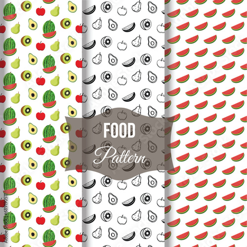 Fruit background Fresh fruits patterned with watermelon, kiwi, pear, apple, and avocado.