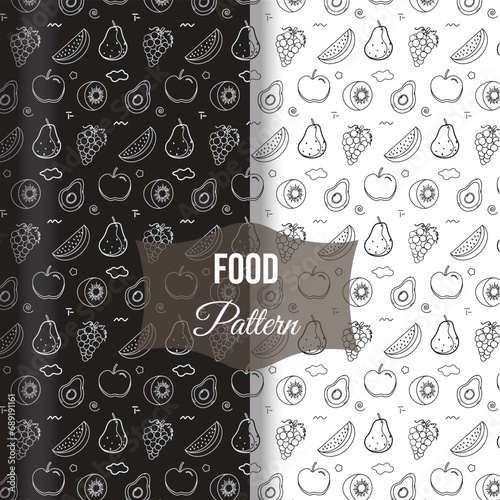 Fruit pattern background,  Healthy eating pattern with grapes, watermelon, apple, kiwi, and avocado.