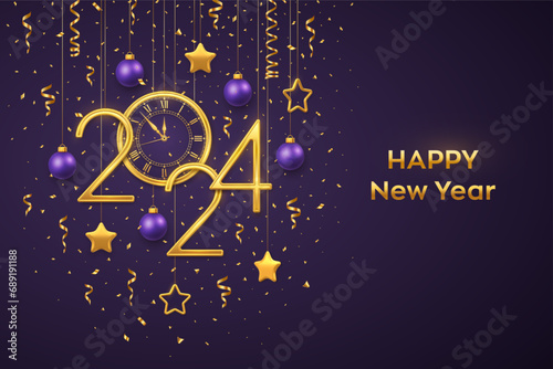 Happy New Year 2024. Gold metallic numbers 2024 and watch with Roman numeral and countdown midnight, eve for New Year. Hanging golden stars, balls on purple background. Realistic vector illustration.