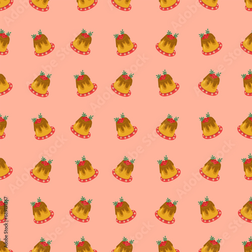 Christmas and Happy New Year seamless pattern with Christmas toys, gifts and sweets. Trendy retro style. 