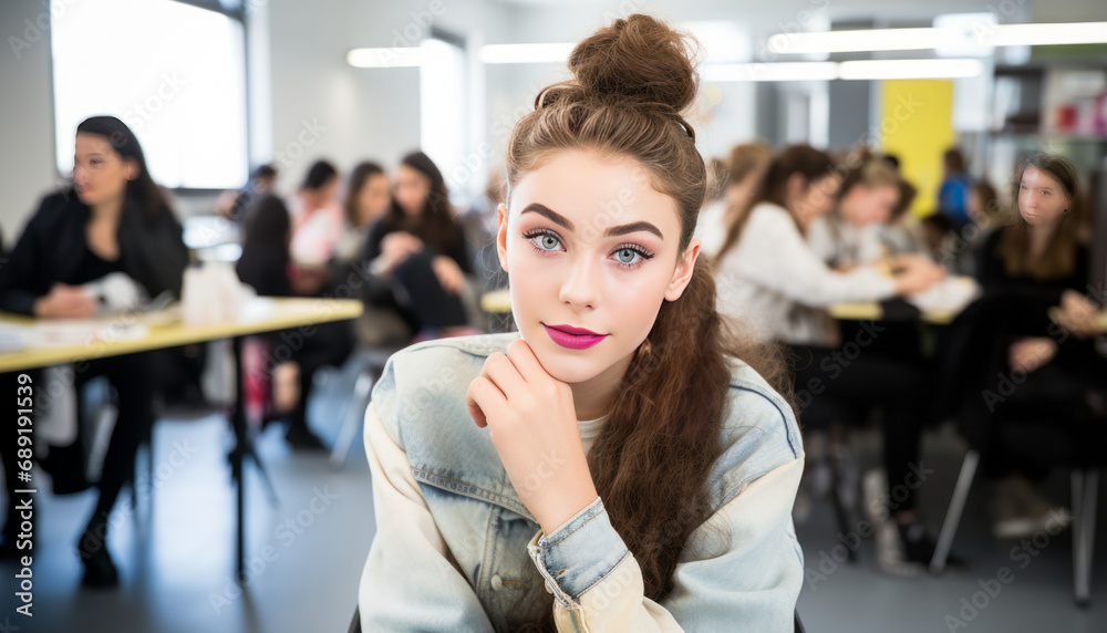 teen girl in modern classroom.