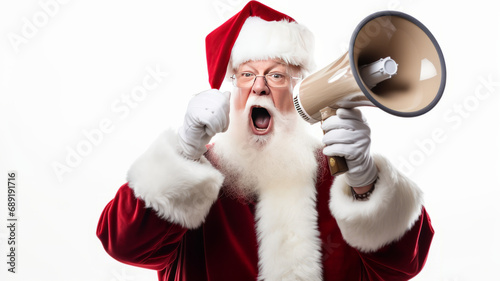 Santa claus screaming into a loudspeaker on an empty white background