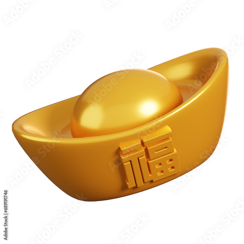 Chinese ingot with blessing word. Chinese new year elements icon. 3D rendering