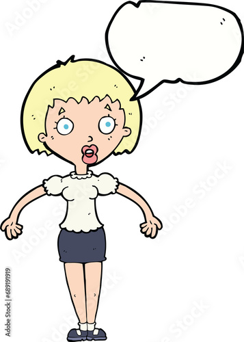 cartoon confused woman shrugging shoulders with speech bubble