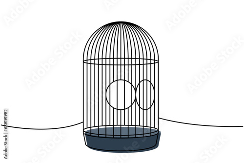 Bird cage one line colored continuous drawing. Animals accessories, pet toy supplies continuous one line illustration. Vector linear illustration.