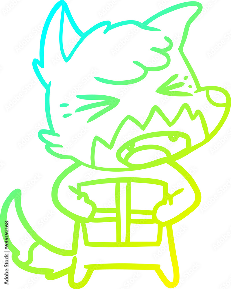 cold gradient line drawing of a angry cartoon fox with christmas present cold gradient line drawing of a angry cartoon fox with christmas present