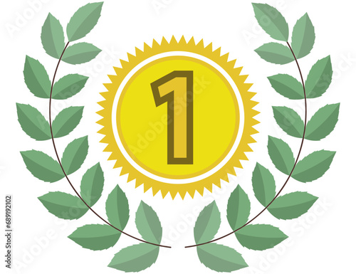 Winner trophy with award laurel wreath. Leaves victory frame. Floral branch border.