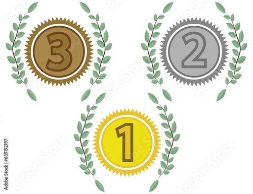 Winner trophy with award laurel wreath. Leaves victory frame. Floral branch border.