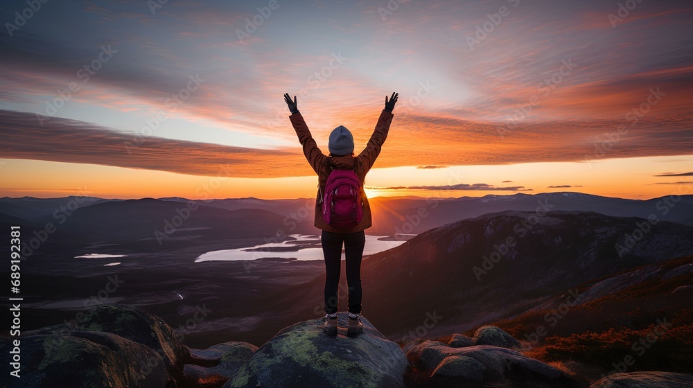 A traveler waving at the top of a mountain with a beautiful sunset in the background. generative AI