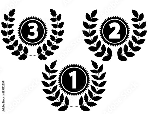 Winner trophy with award laurel wreath. Leaves victory frame. Floral branch border.