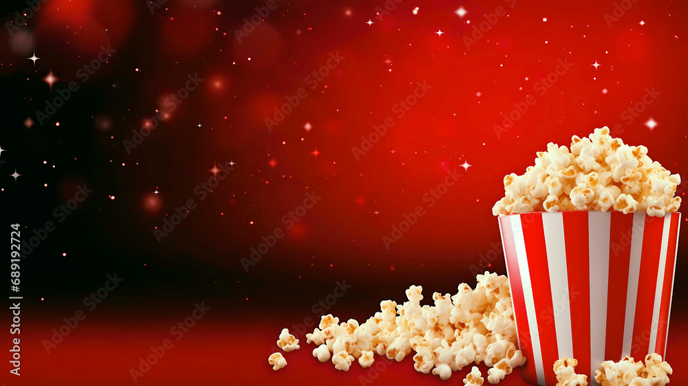 Banner with popcorn bucket surrounded by stars on red background