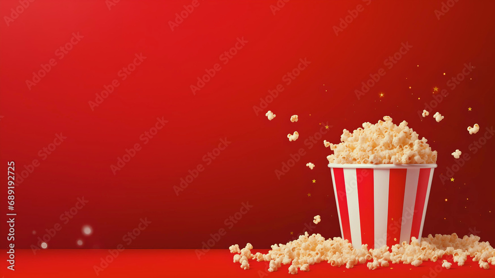 Banner with popcorn bucket surrounded by stars on red background