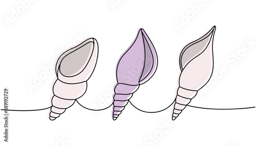 Mollusks. Sea shells, mollusks, scallop, pearls. Tropical underwater shells continuous one line illustration. Vector minimalist linear illustration.