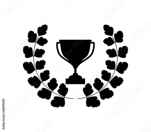 Winner trophy with award laurel wreath. Leaves victory frame. Floral branch border.