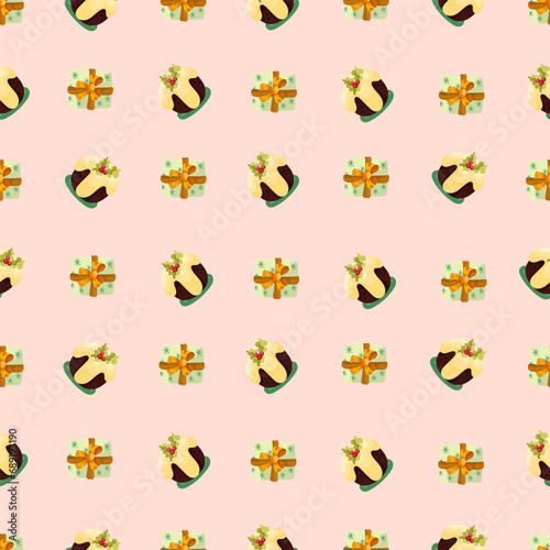 Christmas and Happy New Year seamless pattern with Christmas toys, gifts and sweets. Trendy retro style. 