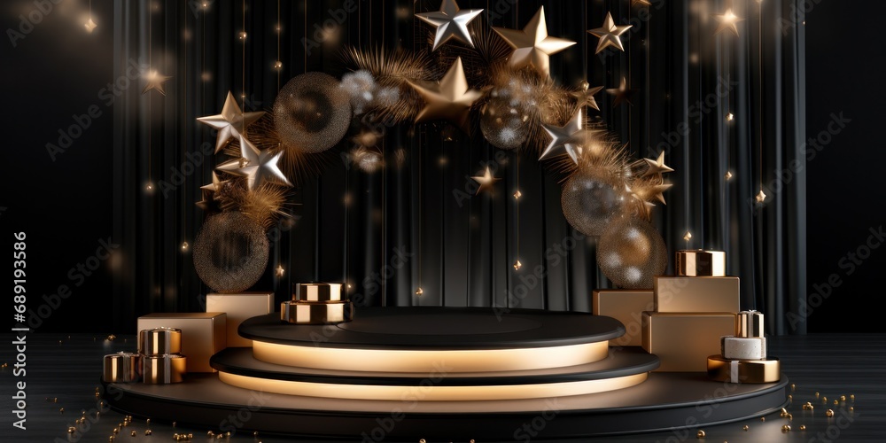promotional new year product circle podium in gold and black colors, mockup, banner promotional new year product circle podium in gold and black colors, mockup, banner