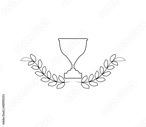 Winner trophy with award laurel wreath. Leaves victory frame. Floral branch border.