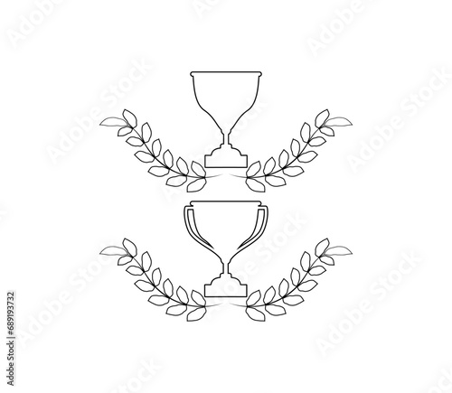 Winner trophy with award laurel wreath. Leaves victory frame. Floral branch border.