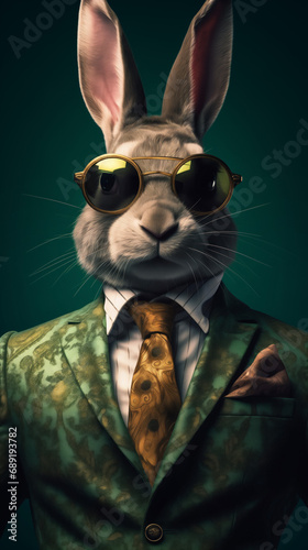 Rabbit dressed in an elegant green suit, tie and glasses. Fashion portrait of an anthropomorphic animal posing with a charismatic human attitude
