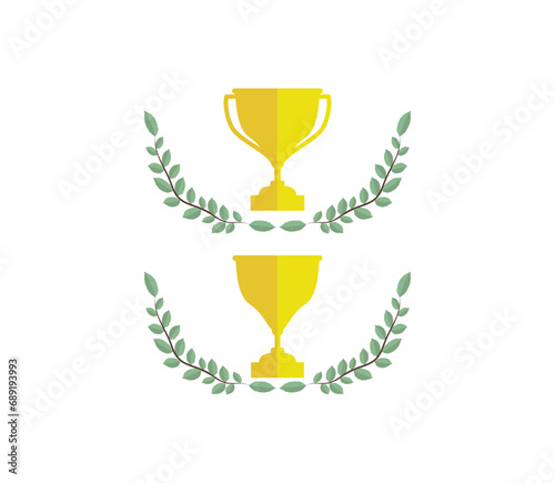 Winner trophy with award laurel wreath. Leaves victory frame. Floral branch border.