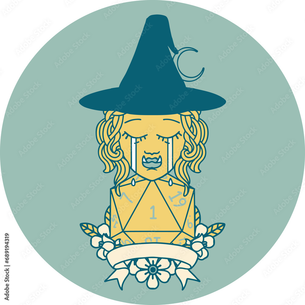icon of crying half orc witch character with natural one roll icon of crying half orc witch character with natural one roll