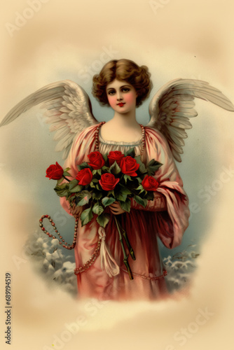 Imitation of old retro vintage cards, typography print. Cupid for Valentine's Day or Angel's Day with flowers. Nostalgia trend