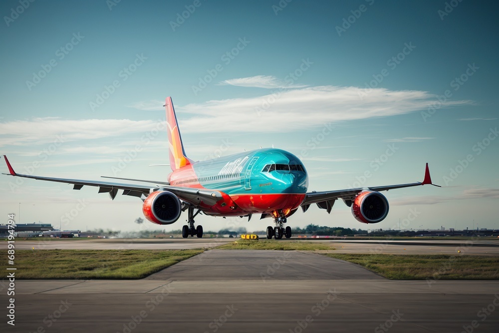 The plane takes off from the airport runway The plane takes off from the airport runway